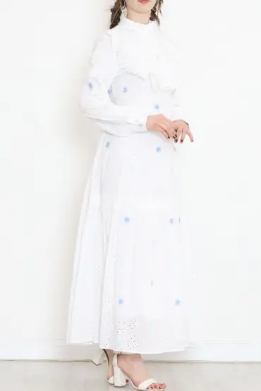 Yaka Detaylı Brode Elbise Beyazmavi - 5902.1322.
