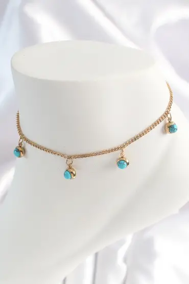 316L Çelik Gold Renk Zincir Model Mavi Taşlı Sallantı Figür Kadın HalHal - TJ-HH1531