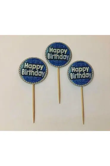 Mavi Gümüş Renk Happy Birthday Kürdan Süs 20 Adet ( )