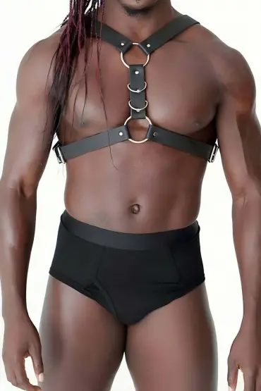  41 Göğüs Ve Halka Detaylı Erkek Deri Harness - Ürün Rengi:Siyah