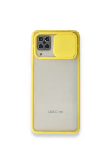  942 Samsung Galaxy A12 Kılıf Palm Buzlu Kamera Sürgülü Silikon - Ürün Rengi : Sarı
