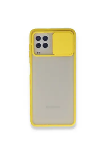 942 Samsung Galaxy M22 Kılıf Palm Buzlu Kamera Sürgülü Silikon - Ürün Rengi : Sarı