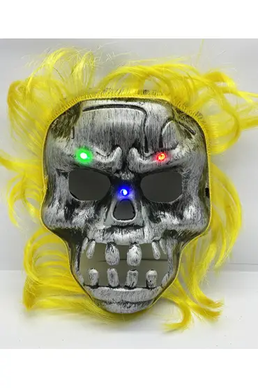 Sarı Saçlı Led Işıklı Kuru Kafa İskelet Korku Maskesi 22x25 cm ( )