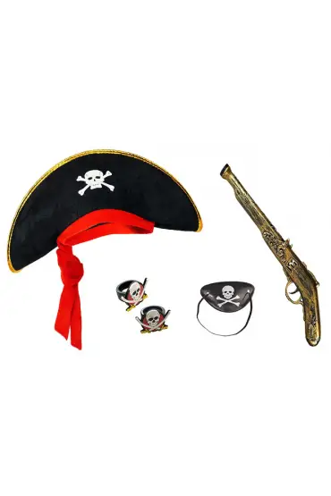 Korsan Şapkası + Tabanca + Maske + 2 Adet Yüzük Kostüm Seti Çocuk ( )