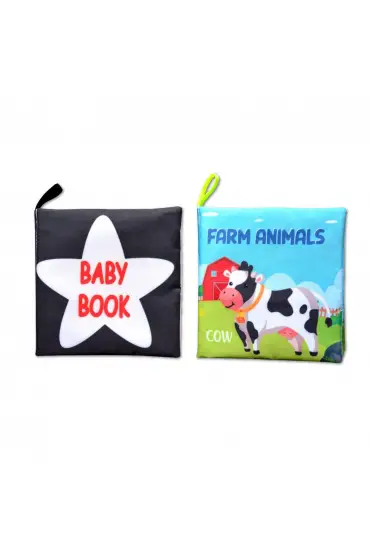  247 2 Kitap  İngilizce Siyah-Beyaz Bebek ve Çiftlik Hayvanları Kumaş Sessiz Kitap