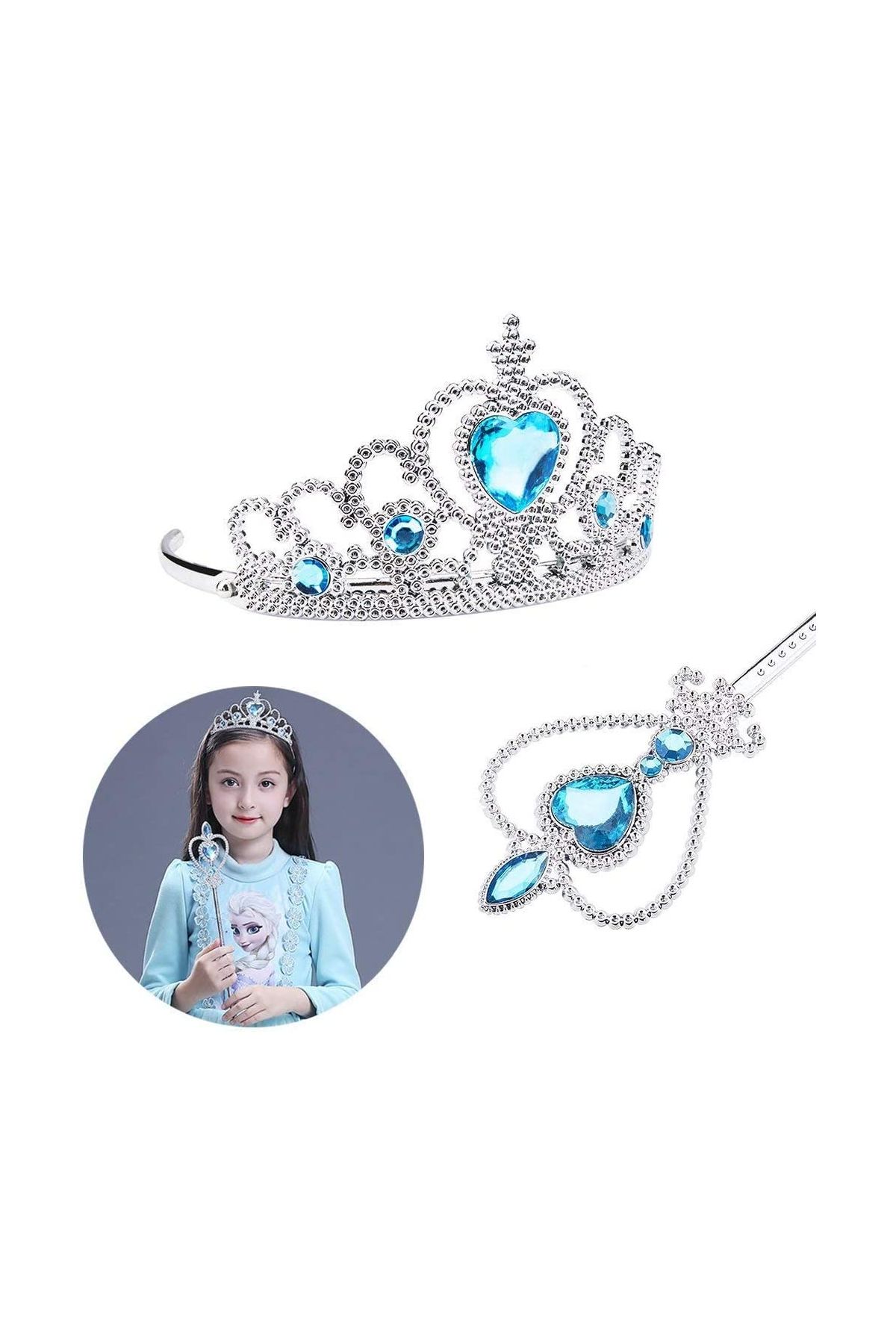 Karlar Ülkesi Elsa Mavi Kalpli Taç ve Mavi Asa Seti Çocuk Boy