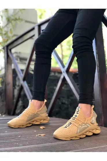  946 Yüksek Taban Tarz Sneakers Cırt Detaylı Krem Erkek Spor Ayakkabısı