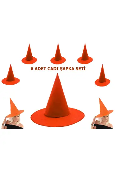 Turuncu Renk Keçe Cadı Şapkası Yetişkin Çocuk Uyumlu 6 Adet ( )