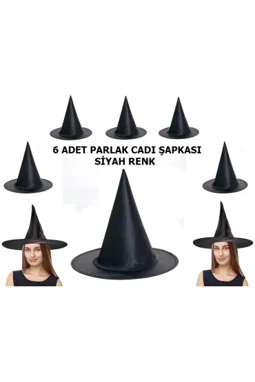 Halloween Siyah Renk Parlak Dralon Cadı Şapkası Yetişkin ve Çocuk Uyumlu 6 Adet ( )