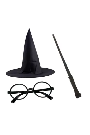 Harry Potter Siyah Şapkası Harry Potter Gözlüğü Harry Potter Asası 3 lü Set ( )