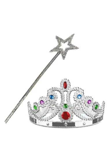 Gümüş Renk Metalize Prenses Tacı ve Metalize Prenses Yıldız Asası  ( )