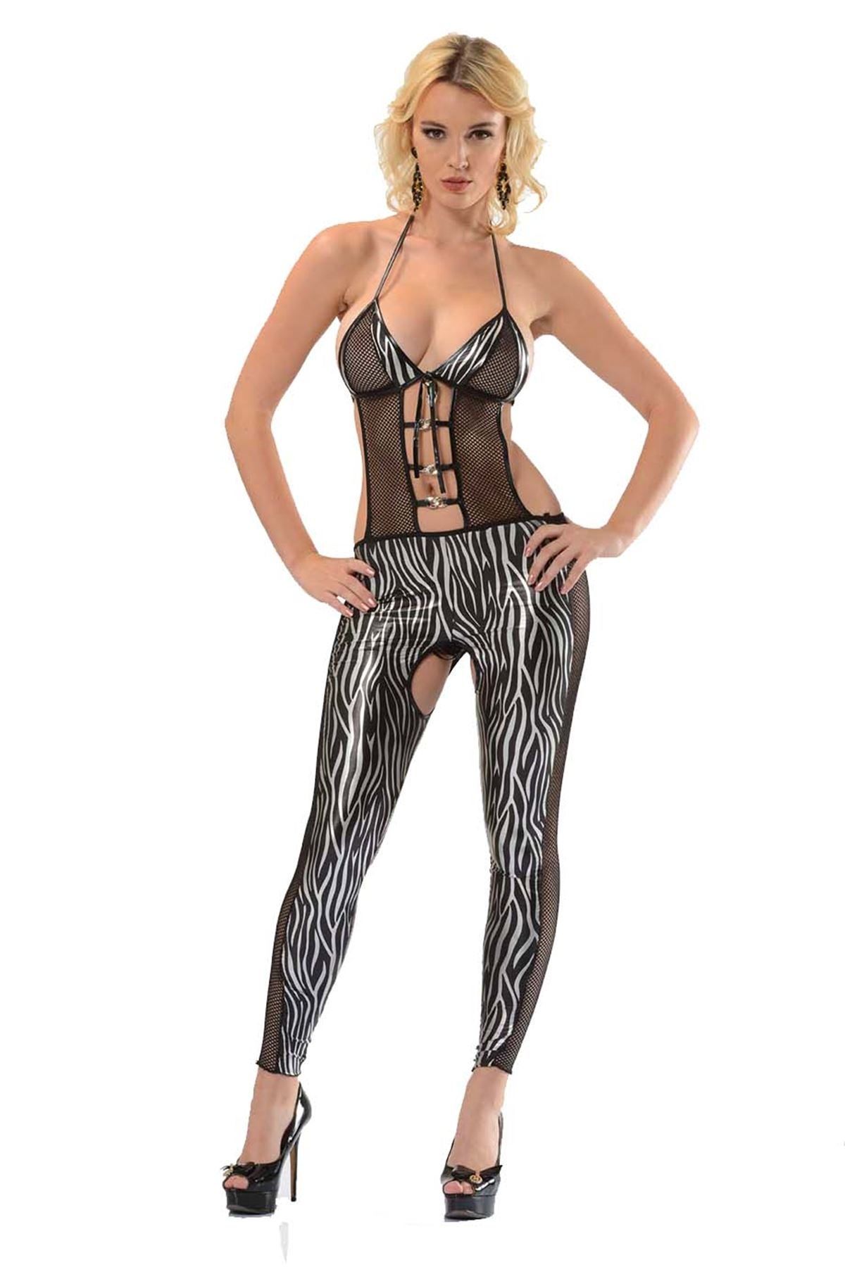 946 Siyah Beyaz Zebra Desen Deri ( Lame ) Gecelik