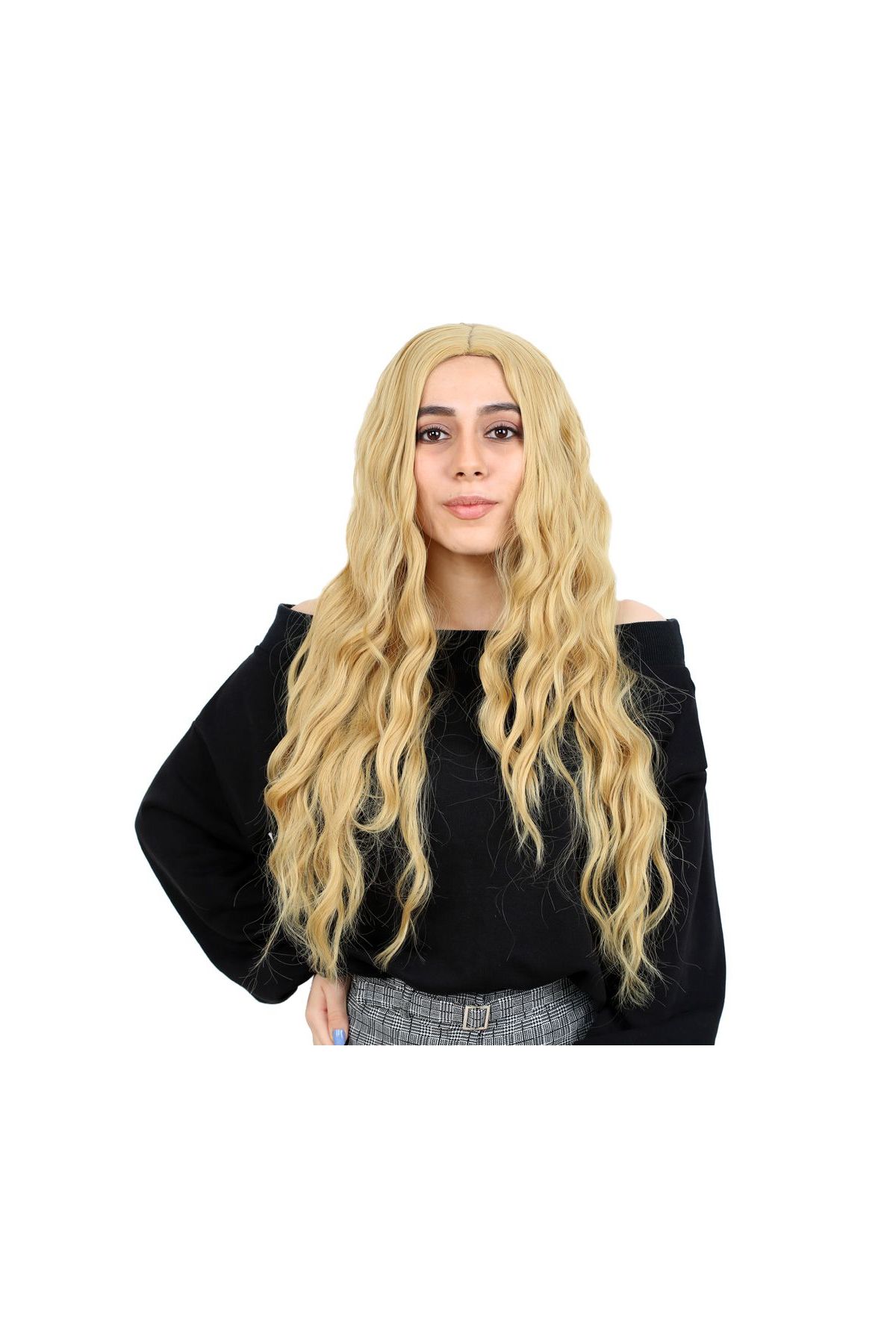 201 Fiber Sentetik Uzun Su Dalgası Peruk / Sarı