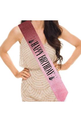 Pembe Üzeri Siyah Büyük Happy Birthday Yazılı Simli Işıltılı Kuşak Kemer 10 cm Genişlik