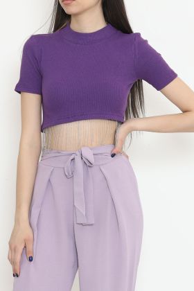  275 Altı Saçaklı Crop Tişört Mor