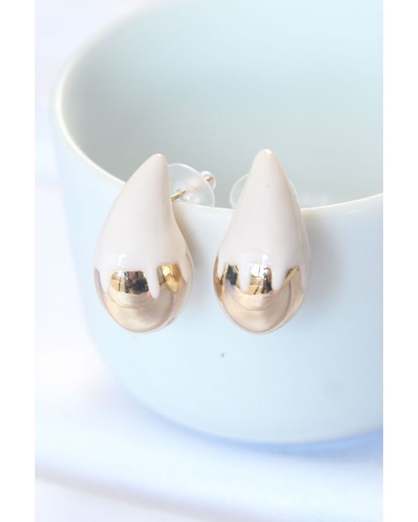 Minimal Beyaz Mineli Çift Renk Damla Küpe - TJ-BKP8866