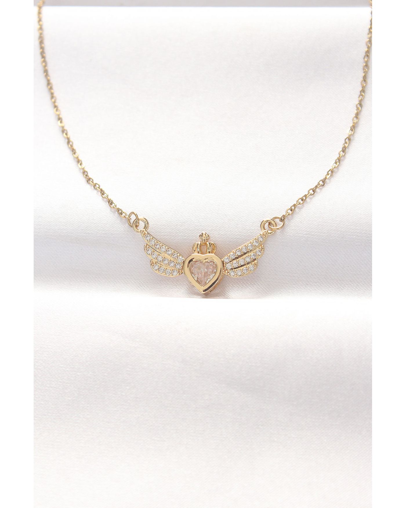 316L Çelik Gold Renk Zirkon Taşlı Kalpli Kanat Kolye - TJ-BKO8516