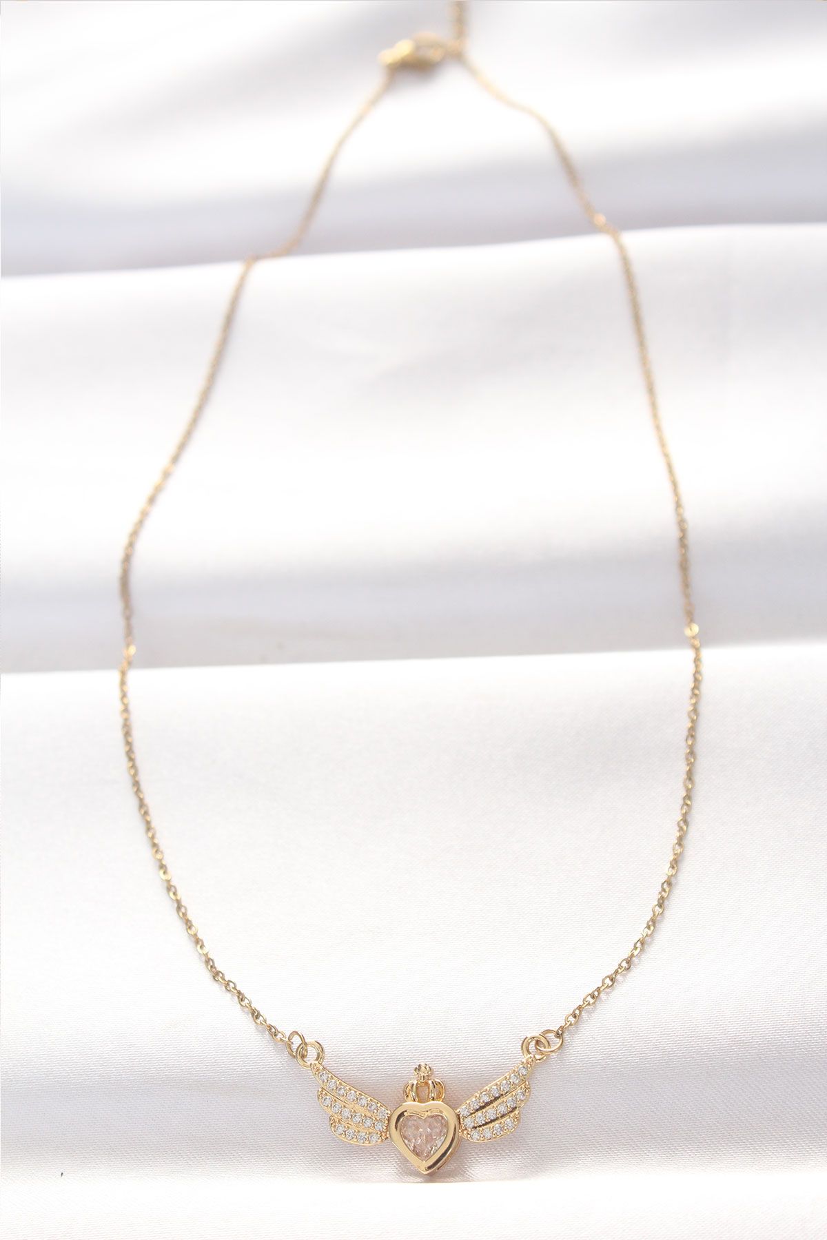 316L Çelik Gold Renk Zirkon Taşlı Kalpli Kanat Kolye - TJ-BKO8516