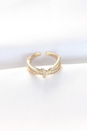 Kıvrım Model Gold Renk Zirkon Taşlı Ayarlanabilir Yüzük - TJ-BYK3107