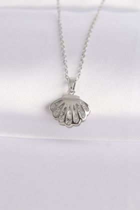 316L Çelik Zincir Gümüş Renk Zirkon Taşlı İnci Detay İstiridye Kolye - TJ-BKO8600