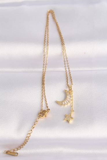 316L Çelik Zincir Altın Renk Zirkon Taşlı Ay Yıldız Kolye - TJ-BKO8626