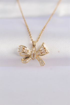 316L Çelik Zincir Altın Renk Zirkon Taşlı Fiyonk Kolye - TJ-BKO8652