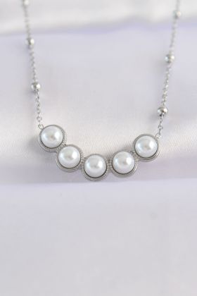 316L Çelik Zincir Gümüş Renk Sıralı İnci Taşlı Kolye - TJ-BKO8654