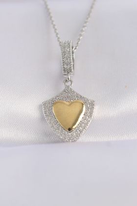 316L Çelik Zincir Gümüş Renk Zirkon Taşlı Tasarım Altın Renk Kalp Kolye - TJ-BKO8661