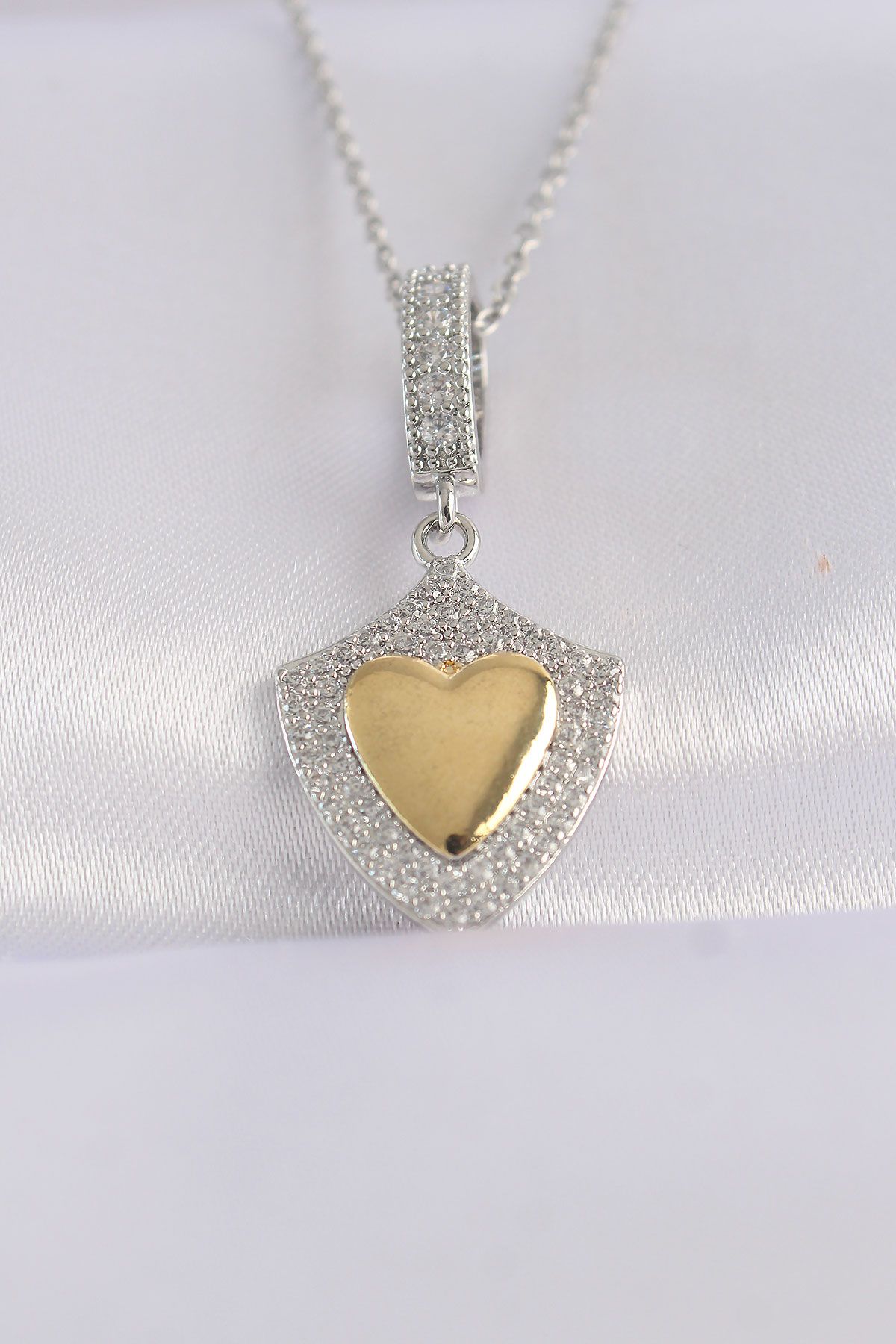 316L Çelik Zincir Gümüş Renk Zirkon Taşlı Tasarım Altın Renk Kalp Kolye - TJ-BKO8661