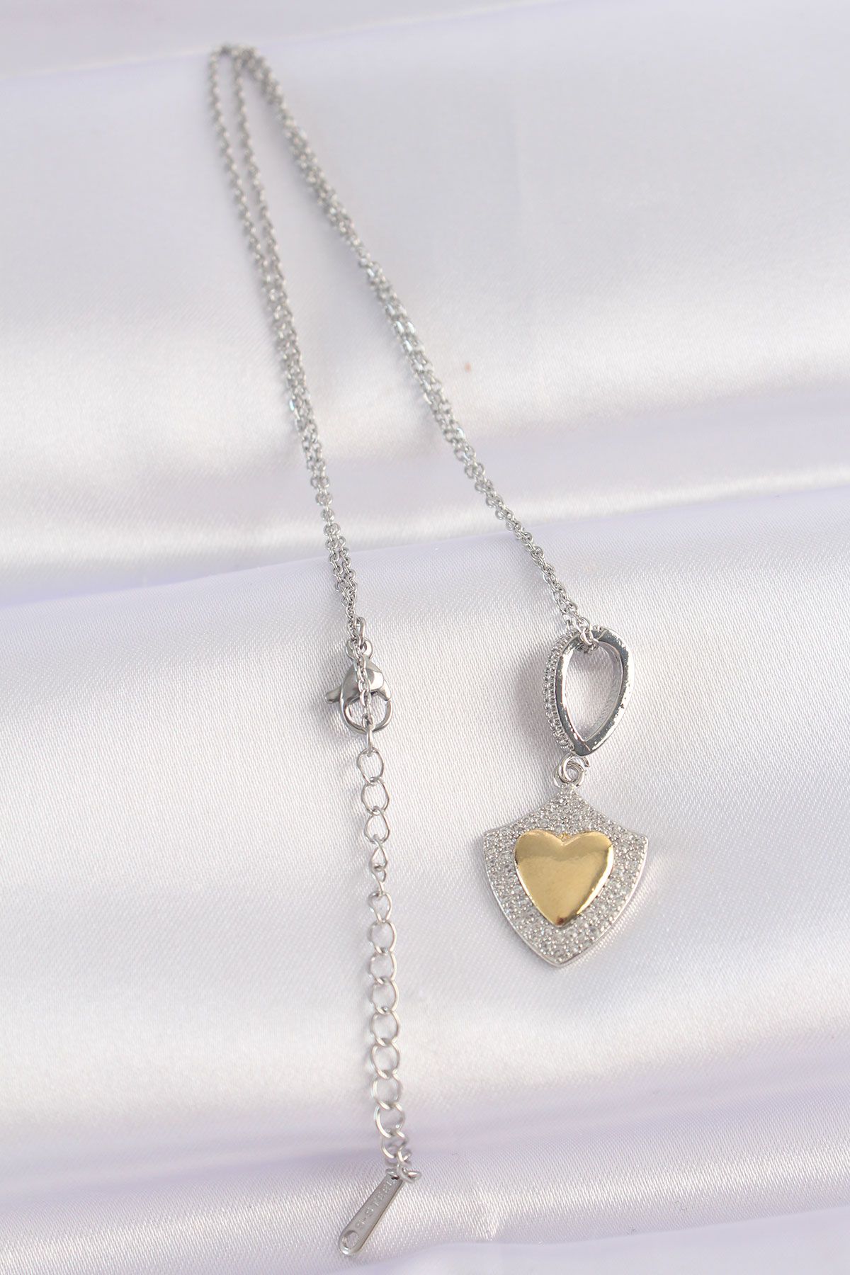 316L Çelik Zincir Gümüş Renk Zirkon Taşlı Tasarım Altın Renk Kalp Kolye - TJ-BKO8661