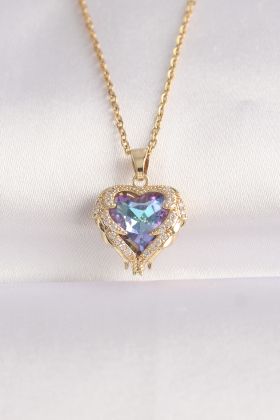 316L Çelik Zincir Altın Renk Zirkon Taşlı Mavi Mor Renkli Kalp Figür Kolye - TJ-BKO8685