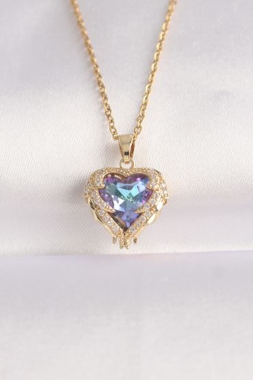 316L Çelik Zincir Altın Renk Zirkon Taşlı Mavi Mor Renkli Kalp Figür Kolye - TJ-BKO8685