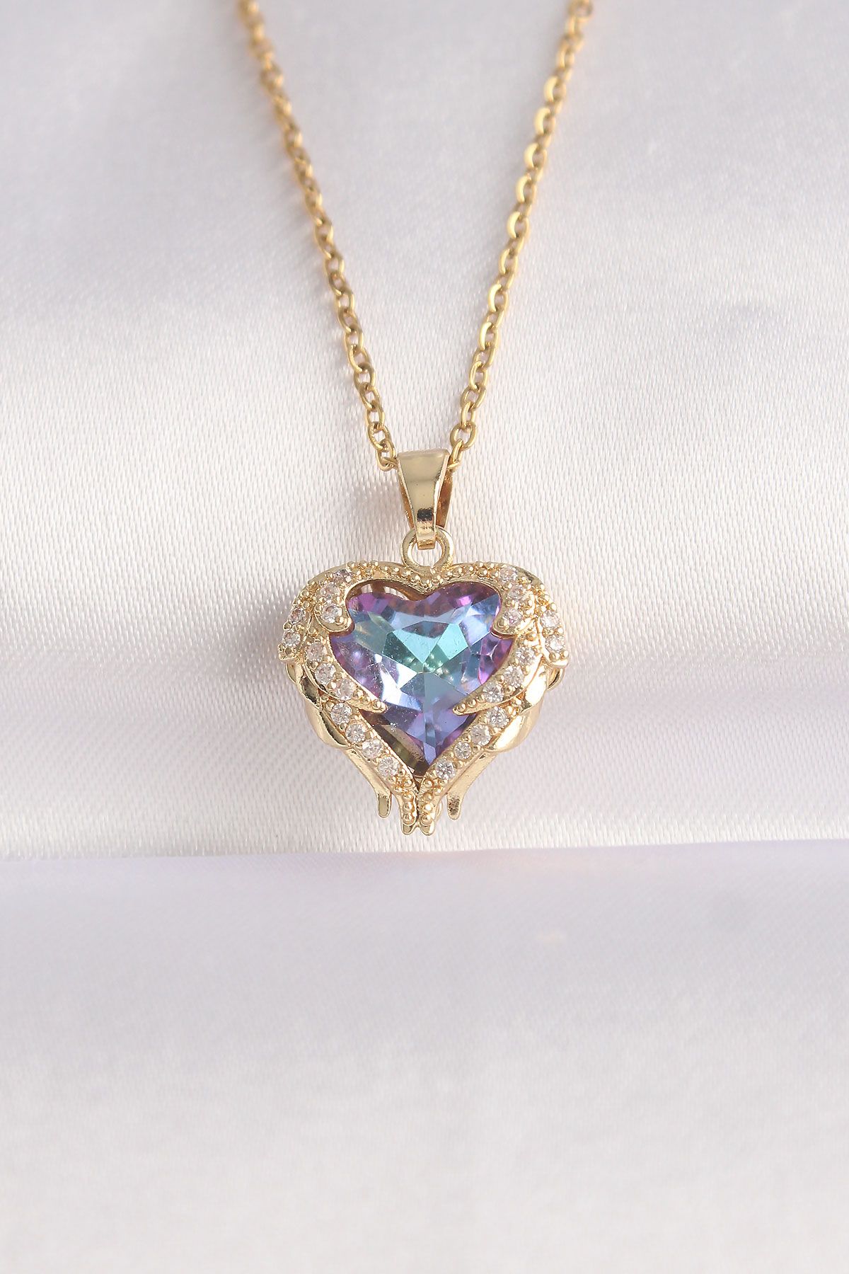 316L Çelik Zincir Altın Renk Zirkon Taşlı Mavi Mor Renkli Kalp Figür Kolye - TJ-BKO8685