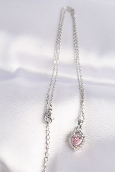 316L Çelik Zincir Gümüş Renk Pembe Zirkon Taşlı Rapunzel Kolye - TJ-BKO8691