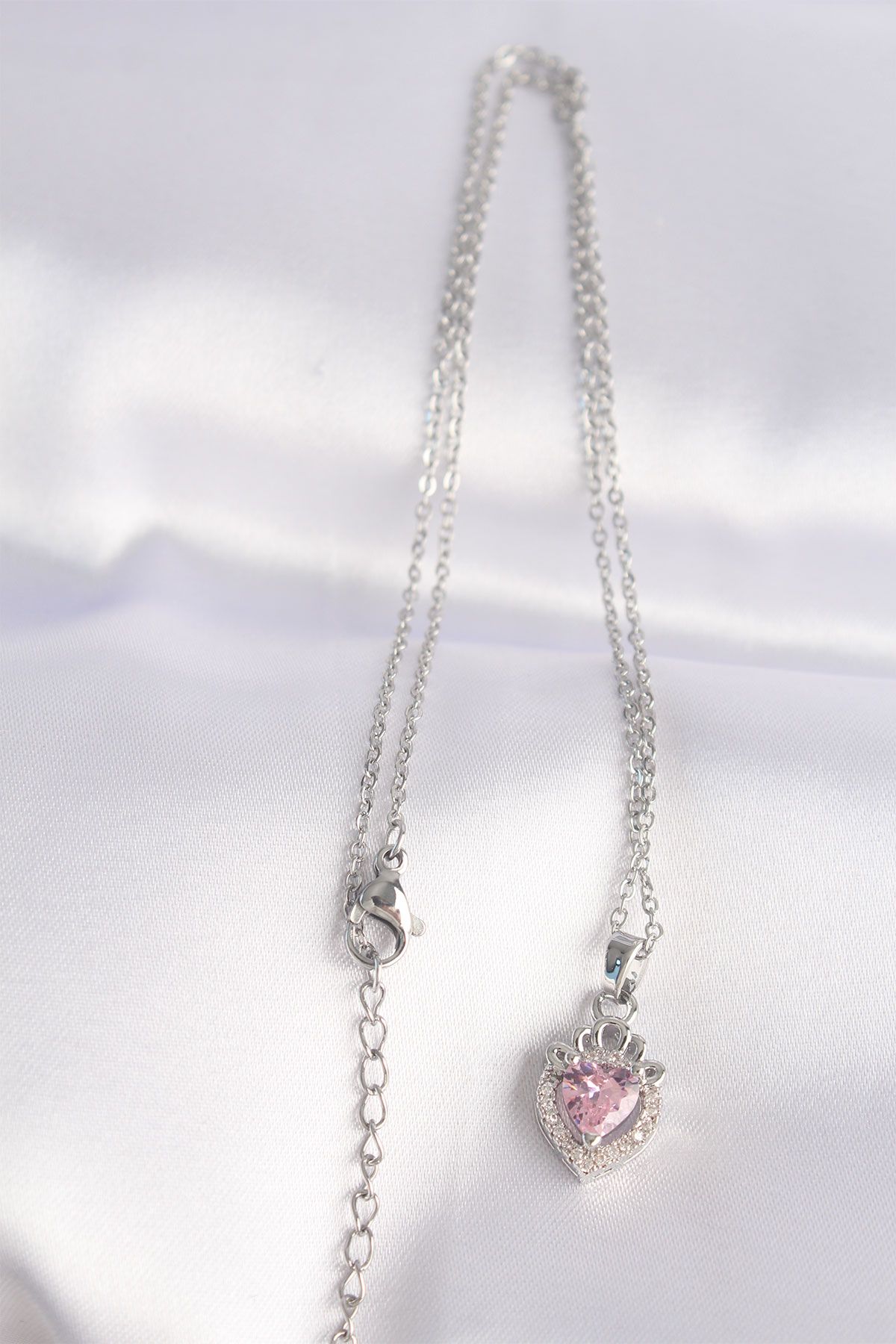 316L Çelik Zincir Gümüş Renk Pembe Zirkon Taşlı Rapunzel Kolye - TJ-BKO8691