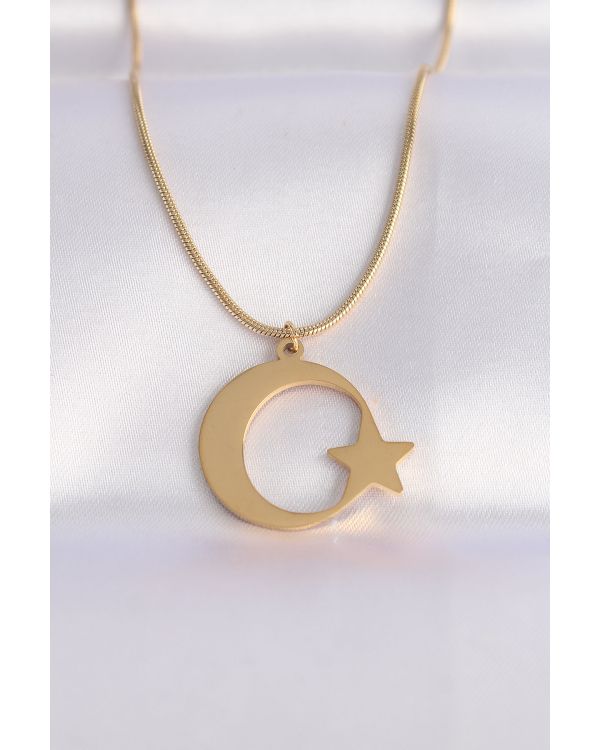 316L Çelik Zincir Gold Renk Ay Yıldız Unisex Kolye - TJ-BKO8699