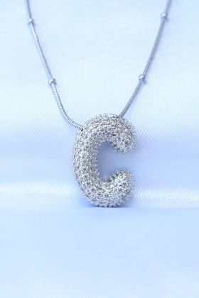 316L Çelik Zincirli Zirkon Taşlı C Harfli Gümüş Renk Bubble Kolye - TJ-BKO8716