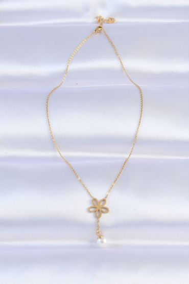 316L Çelik Zincir Gold Renk İnci Detay Çiçek Kolye - TJ-BKO8730