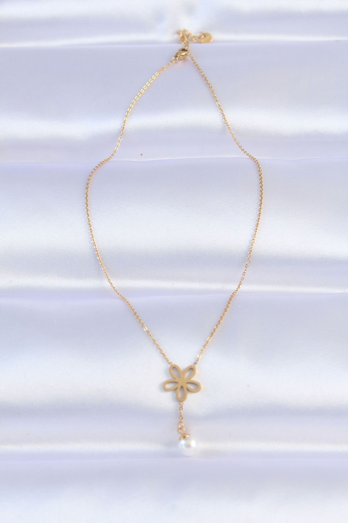 316L Çelik Zincir Gold Renk İnci Detay Çiçek Kolye - TJ-BKO8730