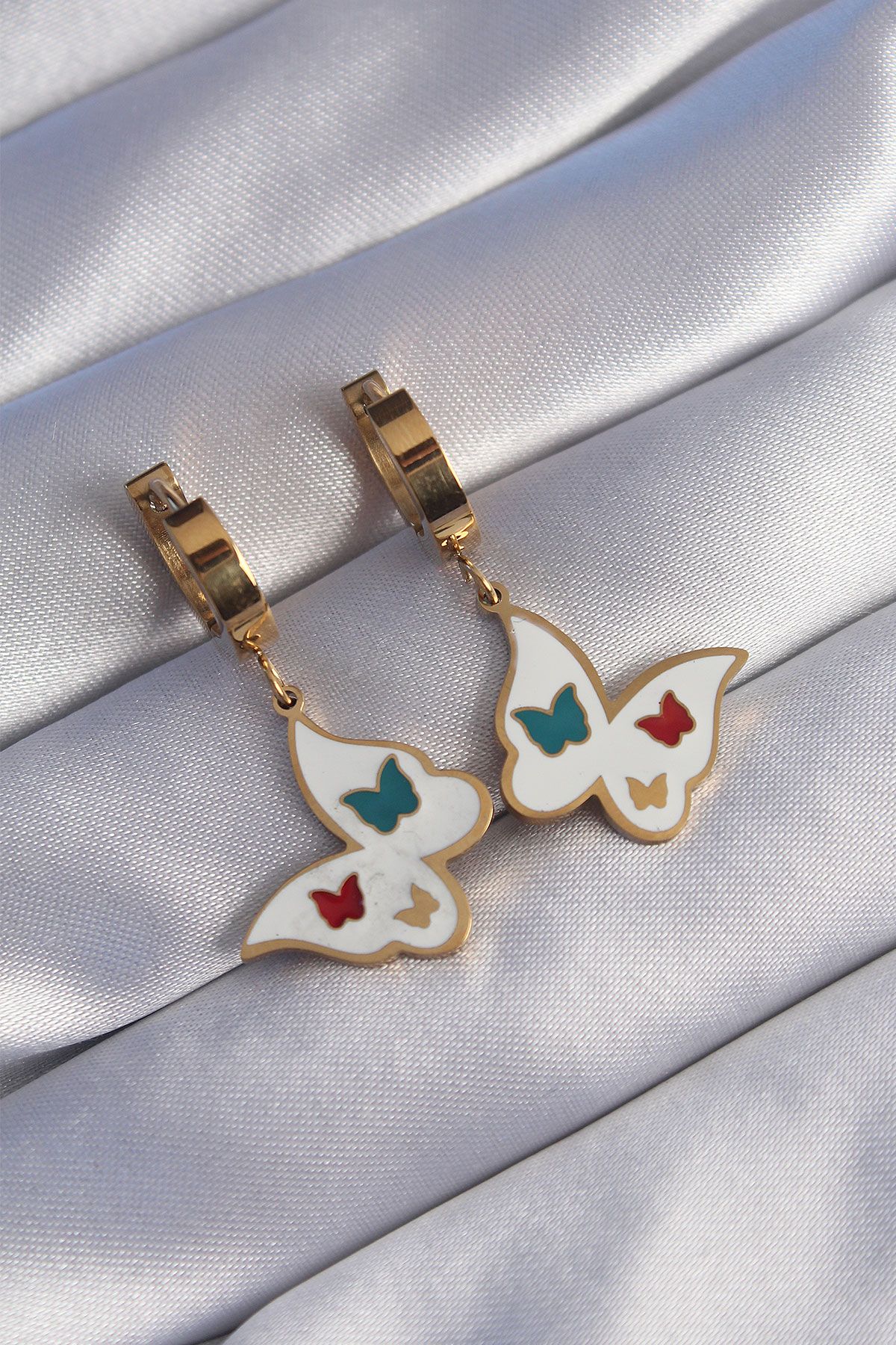 316L Çelik Gold Renk Renkli Mineli Kelebek Küpe - TJ-BKP9027