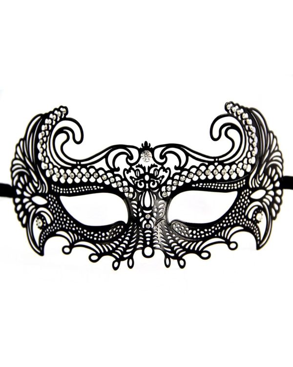 Siyah Renk Lazer Kesim Üzeri Kristal Taşlı Metal Balo Parti Venedik Maskesi