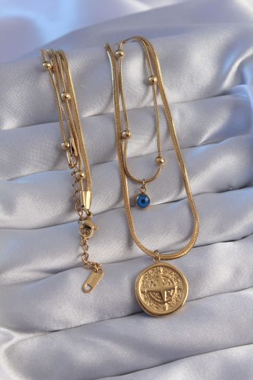 316L Çelik Zincir Gold Renk Nazar Boncuklu İtalyan Zincirli 2li Pusula Kolye - TJ-BKO8834