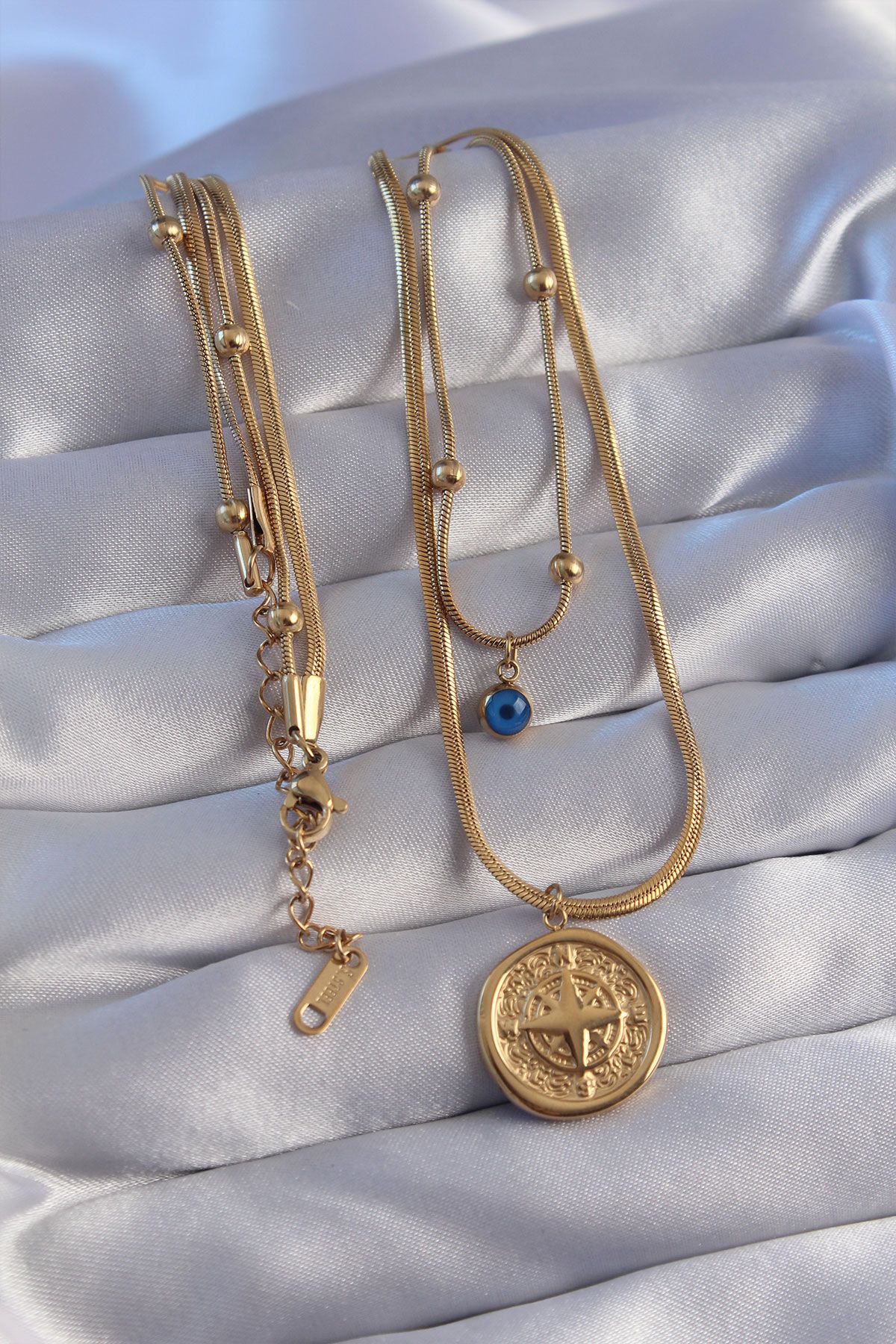 316L Çelik Zincir Gold Renk Nazar Boncuklu İtalyan Zincirli 2li Pusula Kolye - TJ-BKO8834