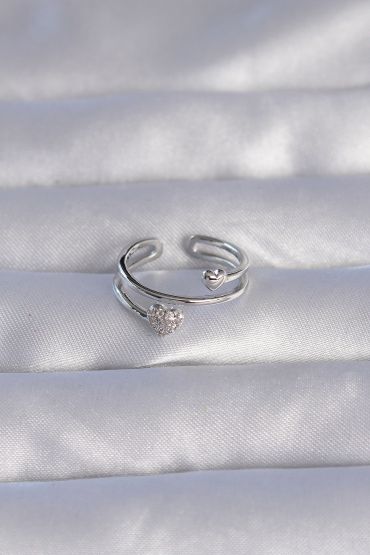 Pirinç Gümüş Renk Zirkon Taşlı Kalpli Model Ayarlanabilir Yüzük - TJ-BYK3202