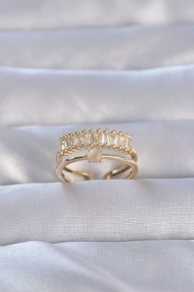 Pirinç Gold Renk Zirkon Taşlı Baget Su Yolu Model Ayarlanabilir Yüzük - TJ-BYK3229