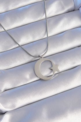 316L Çelik Gümüş Renk Ay Yıldız Model Unisex Kolye - TJ-BKO8882