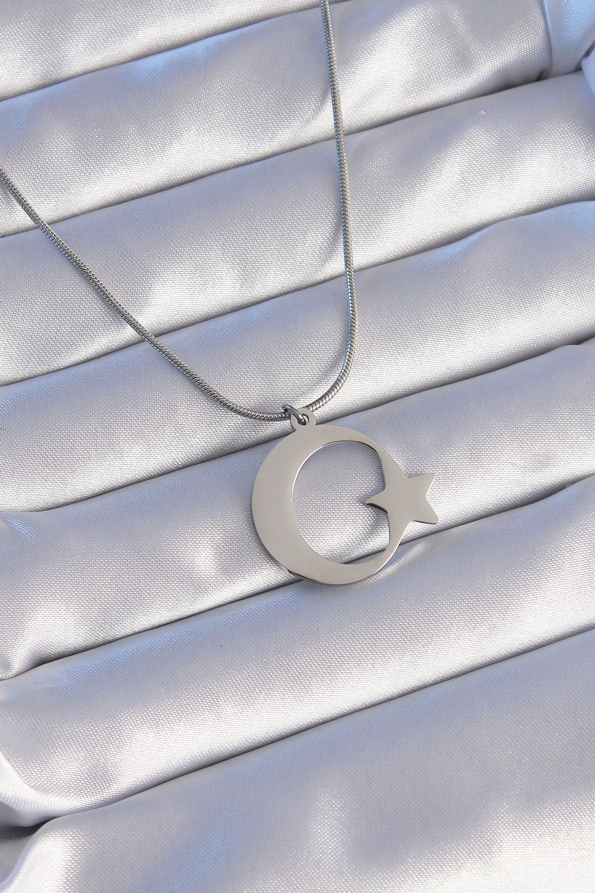 316L Çelik Gümüş Renk Ay Yıldız Model Unisex Kolye - TJ-BKO8882