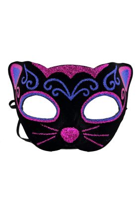 Siyah Kadife Kaplama Üzeri Pembe Mavi Sim İşlemeli Kedi Maskesi 20x13 cm