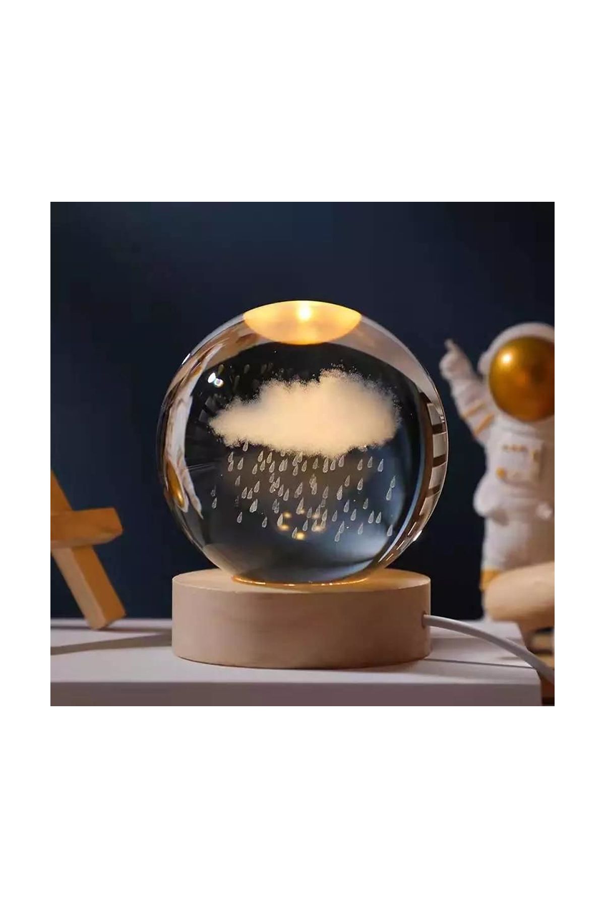 Bulut ve Yağmur Tasarımlı Işıklı Cam Küre