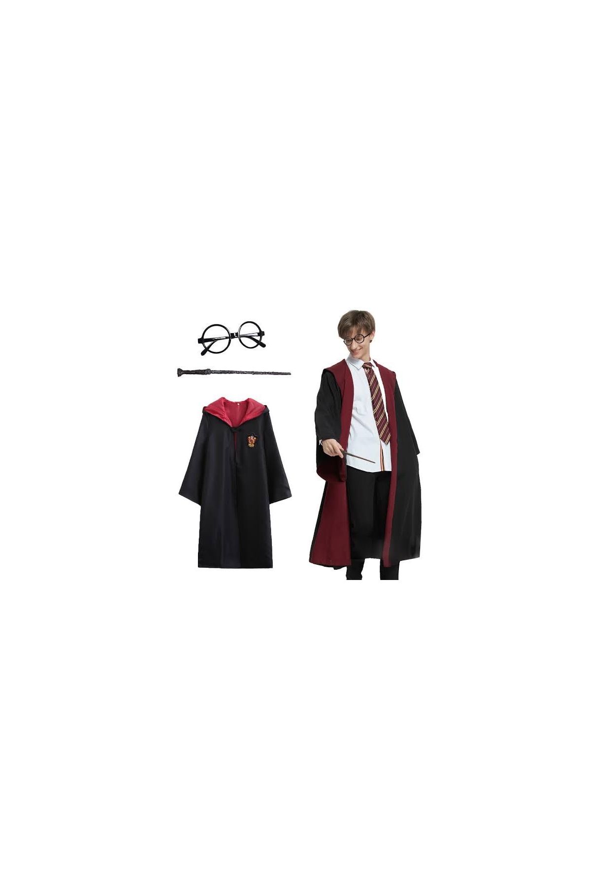 Harry Potter Gryffindor Kapişonlu Çocuk Kostüm + Asa + Gözlük Seti 11-12 Yaş